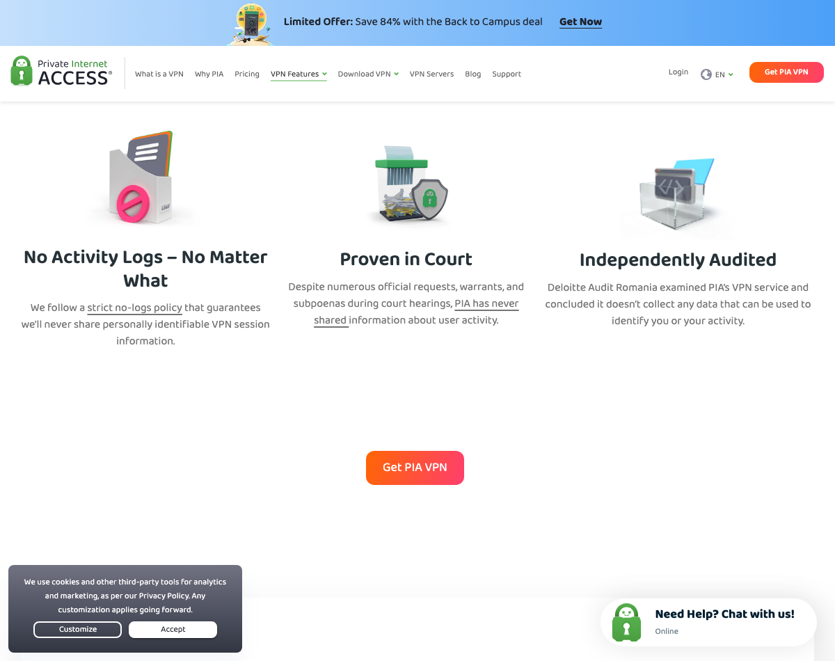 Private Internet Accessの機能ページ