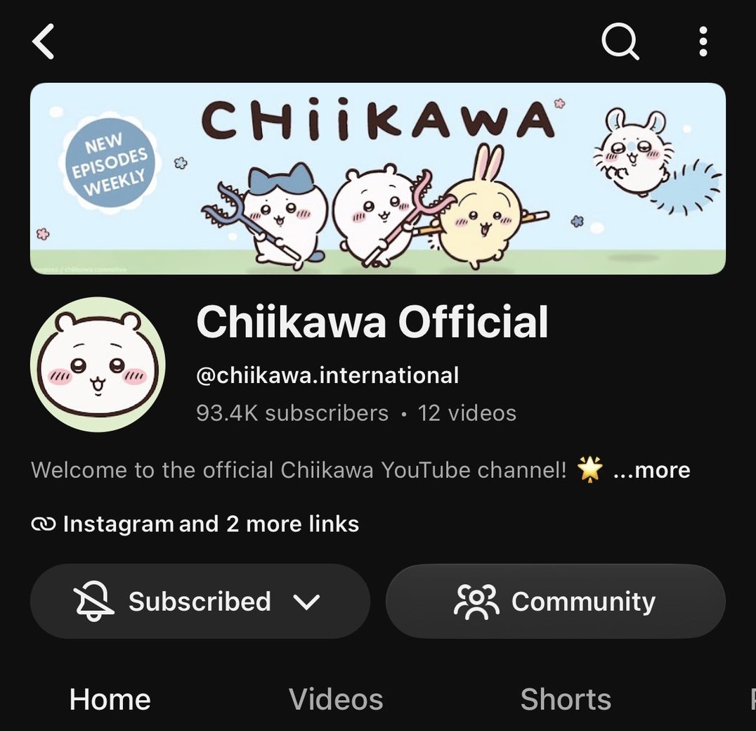 海外向け公式チャンネル「Chiikawa Official」。登録者93.4千人・動画12本