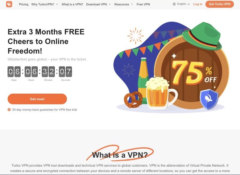 Turbo VPNの公式サイト。無料体験と割引が前面に出ている
